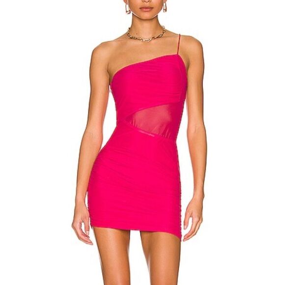 Superdown Jerica Mesh Mini Dress in Hot Pink one shoulder party Revolve S - Picture 1 of 8